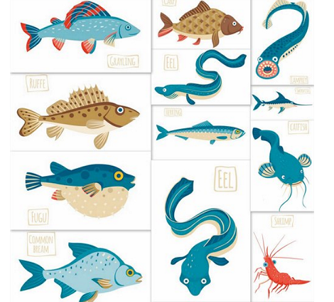 手绘海洋鱼类主题大龙虾主题插图元素背景图案 eps矢量设计素材