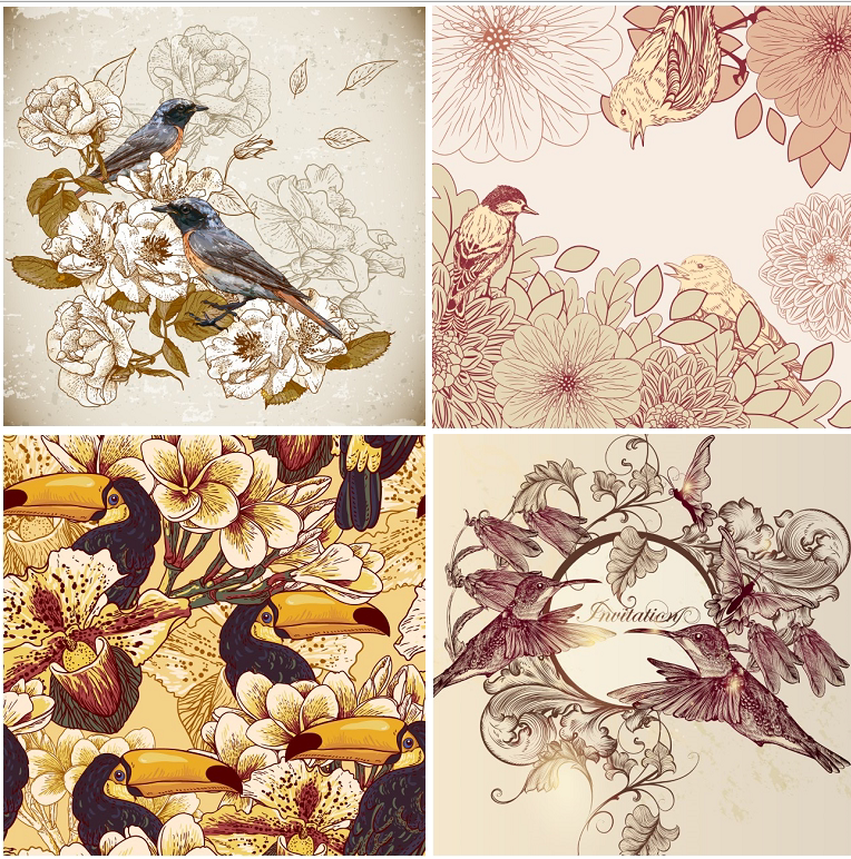 可爱复古手绘线稿插画小鸟花卉背景图案花纹eps矢量源文件素材7p