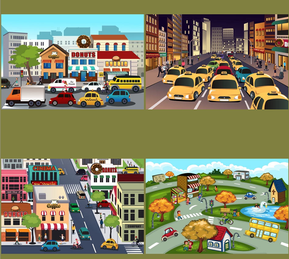 eps|ai矢量扁平化卡通 城市街景出租车市区 楼房人物场景矢量素材