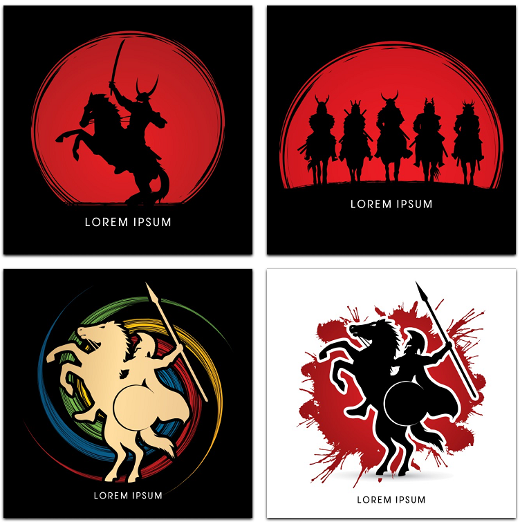 新日式日本武士骑马战士争风格 画册单页背景图案eps矢量设计素材