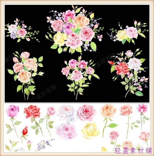 唯美森系手绘淡雅粉色玫瑰花朵花束叶子 png免扣请柬卡片设计素材