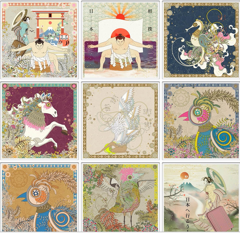 日本日式民间 动物人物图案背景元素 eps矢量设计素材