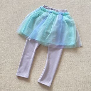 100-120码 外贸秋冬款女童儿童加绒不倒绒假两件打底裤裙裤长裤子