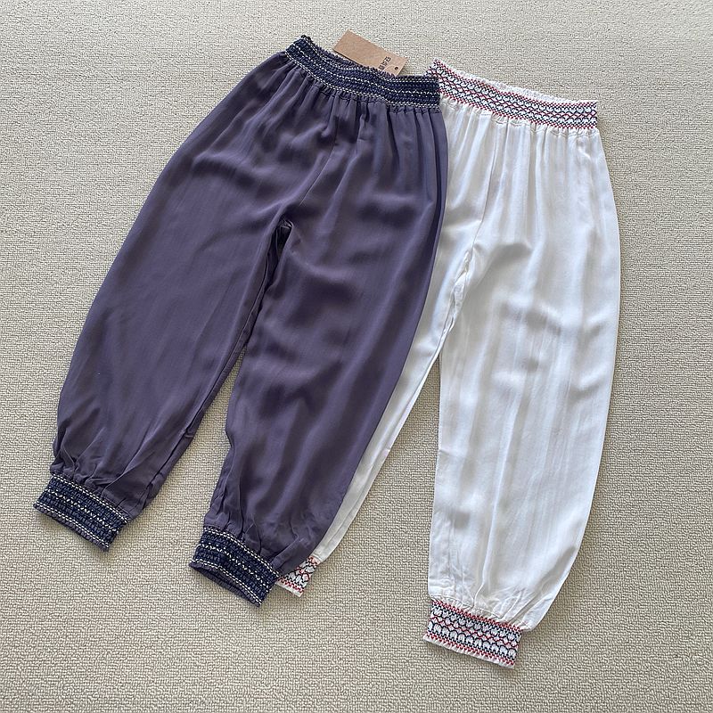 100-140码 外贸韩单夏季薄款女童儿童松紧花边纯棉长裤子防蚊裤