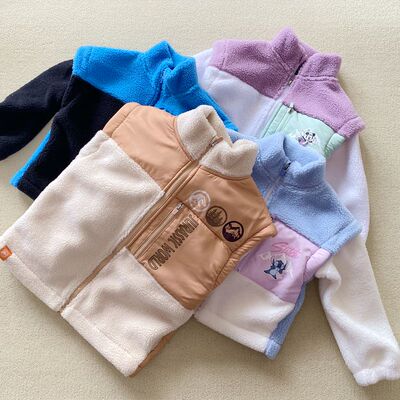 两用穿法~外贸秋冬男女儿童厚实颗粒绒卡通立领外套马甲两用款