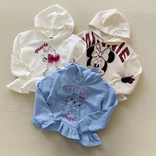 4-12岁~外贸日单秋冬款女童装 柔软单面拉绒卡通花边连帽休闲卫衣