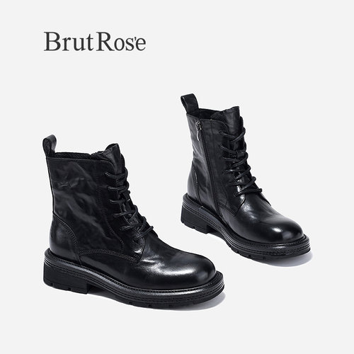 BrutRose2024秋冬新款复古牛皮马丁靴女高级手抓纹中筒靴黑色靴子