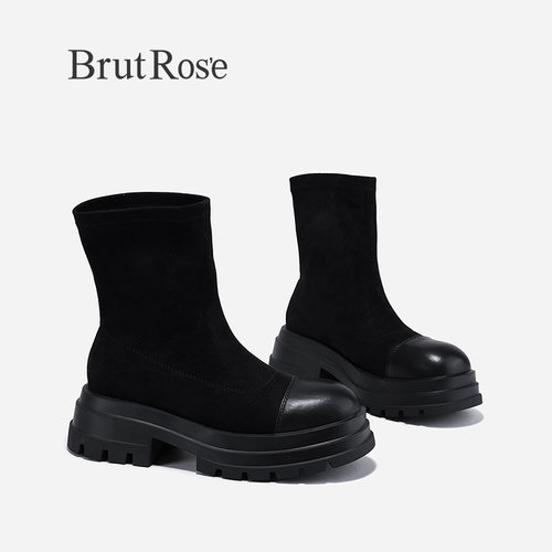 BrutRose2023秋季新款复古增高弹力靴女休闲舒适中筒靴欧美瘦瘦靴