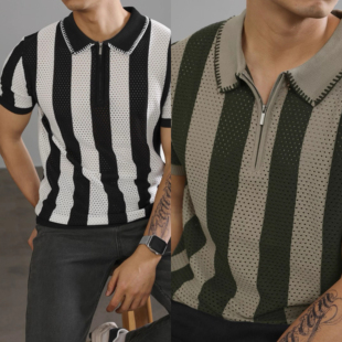 韩版黑白撞色竖条纹短袖男士夏季款设计感翻领镂空针织olo衫上衣