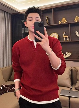 假两件红色新年毛衣男2025秋冬季新款马年本命年内搭圣诞针织衫潮