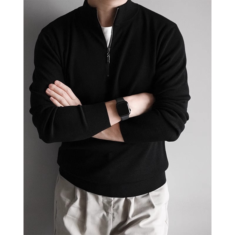 半拉链半高领黑色毛衣POLO长袖