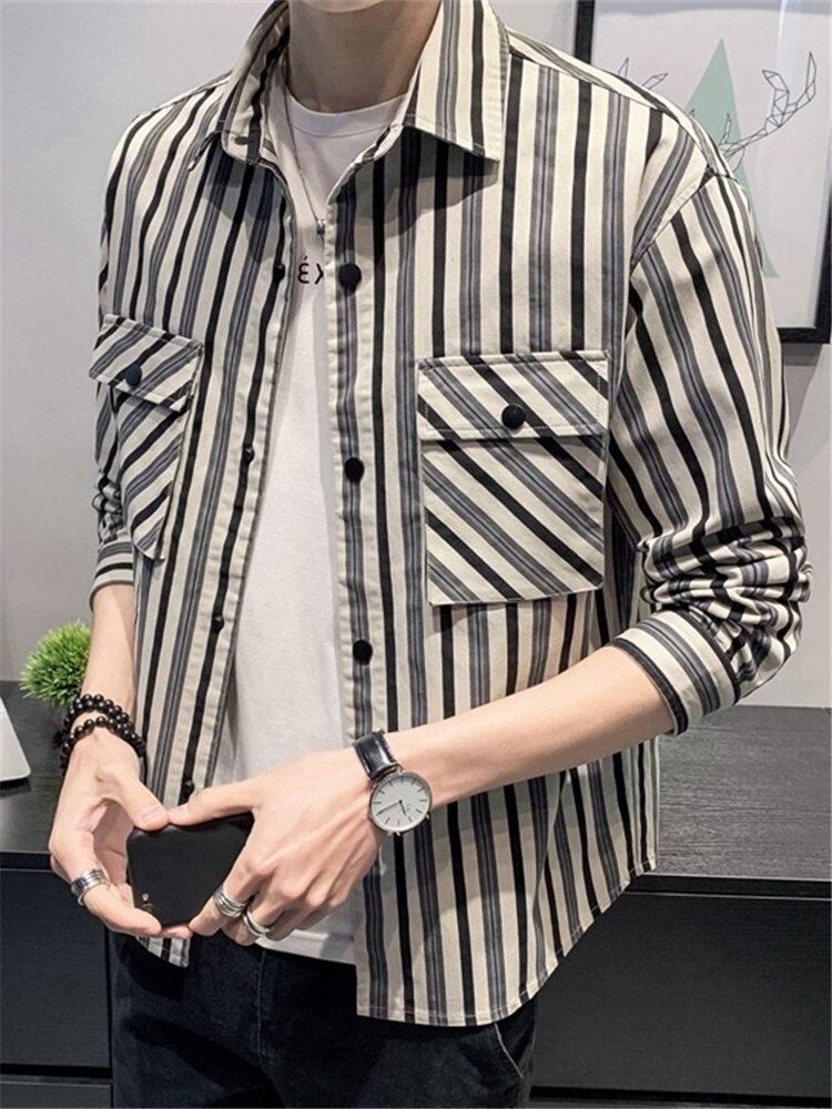 长袖衬衫男士2023长袖条纹衬