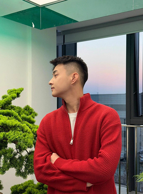 红色立领针织衫内搭上衣男士秋冬本命年穿搭高级感慵懒风开衫毛衣