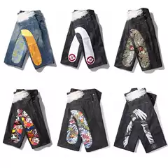 Men's Trendy Hip-Hop Summer Mid-Length Shorts with Printed Large M, Loose and Trendy Thin Denim Shorts