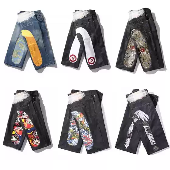 Men's Trendy Hip-Hop Summer Mid-Length Shorts with Printed Large M, Loose and Trendy Thin Denim Shorts