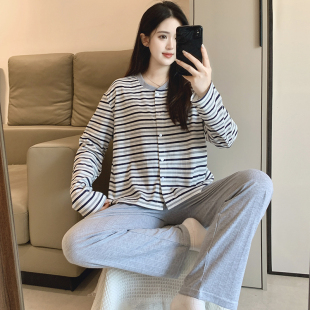 睡衣女款春秋长袖2026新款纯棉灰色条纹家居服套装春季外穿高级感