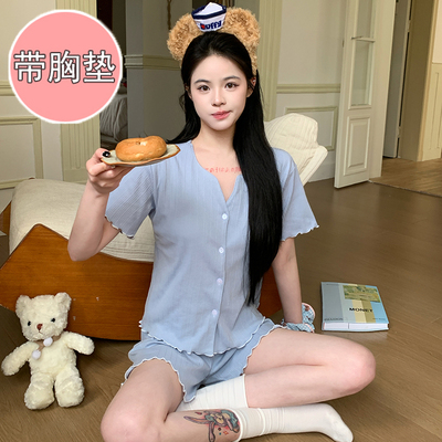 短袖睡衣女夏款纯棉带胸垫家居服