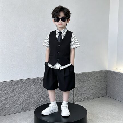 儿童礼服男童西装套装夏季休闲男孩西服帅气主持人钢琴走秀演出服