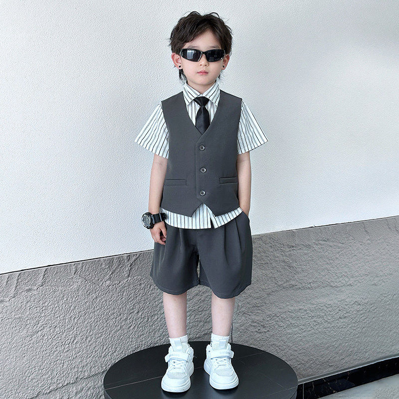 男童西装套装夏季马甲三件套儿童主持人礼服小男孩舞蹈演出表演服