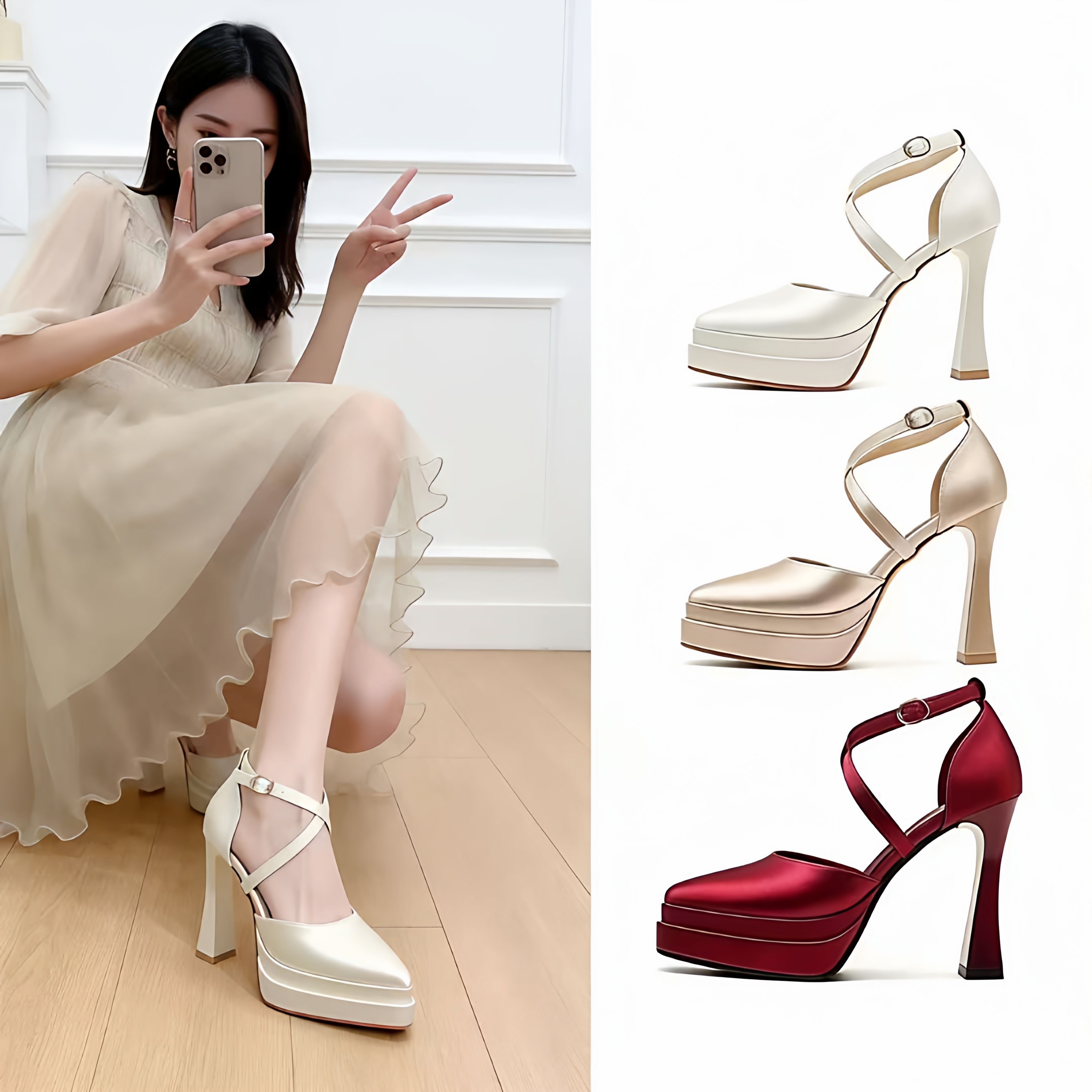 巨好看绝美百搭不累脚尖头粗跟中空双层防水台超高跟单鞋女新娘鞋