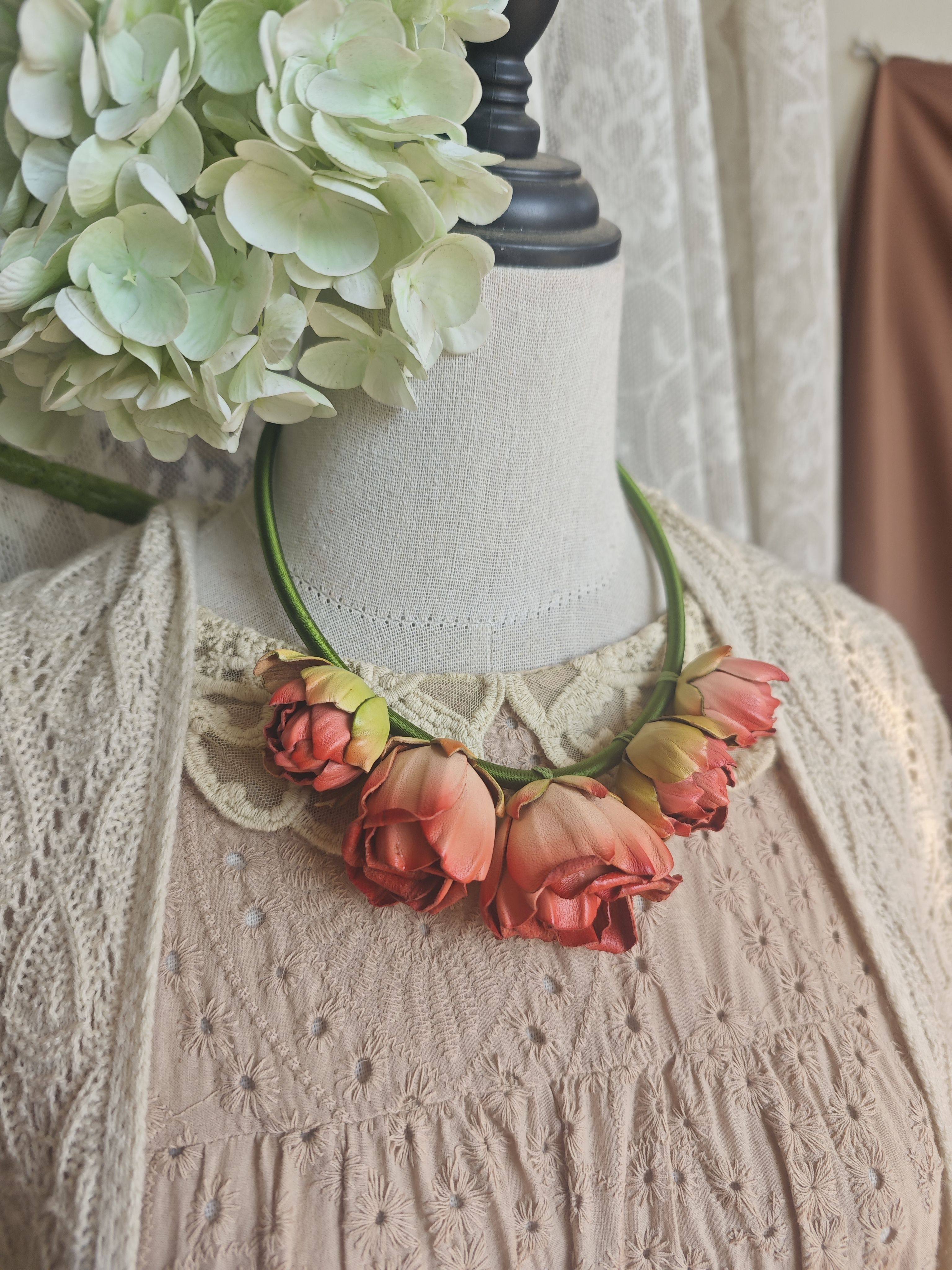 玫瑰啊。芳圃原创纯牛皮手工个性夸张花苞项圈项链国风文艺复古