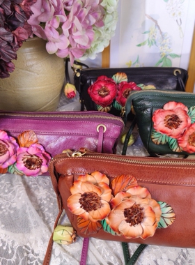茶花。芳圃原创手工头层复古牛皮立体花小巧斜挎女包手机包001
