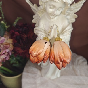 郁金香。芳圃原创纯牛皮手工立体大花苞夸张复古耳环925国风耳饰