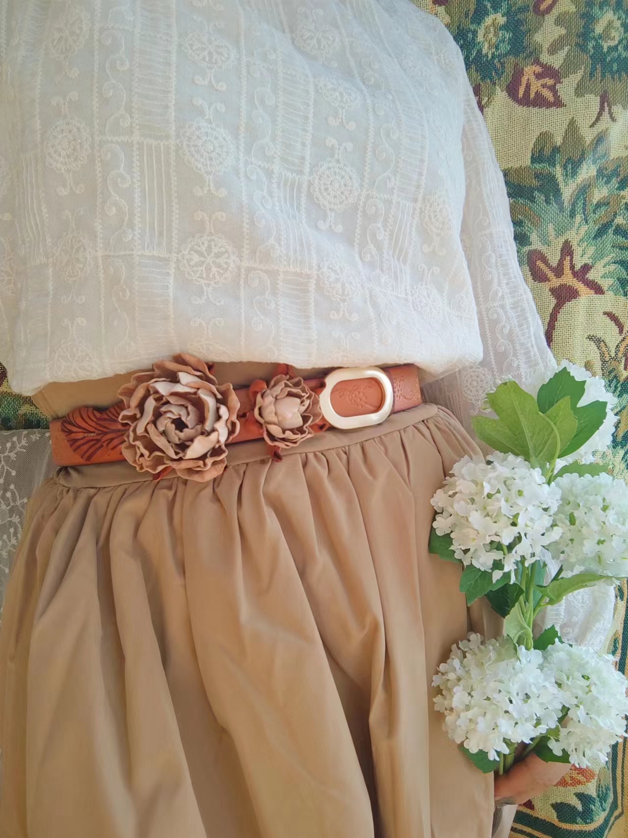 芳圃全牛皮植鞣皮手工枯玫瑰立体花朵压花复古百搭腰带皮带装饰