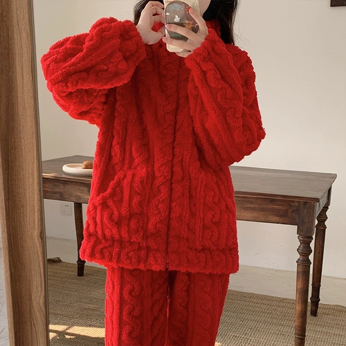 Красная коралловая бархатная утепленная пижама, фланелевый демисезонный оберег на день рождения