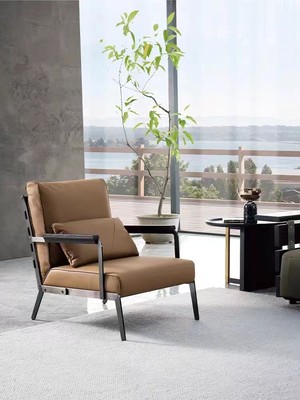 意式极简进口真皮单人休闲椅现代简约实木沙发椅阳台客厅休闲椅子