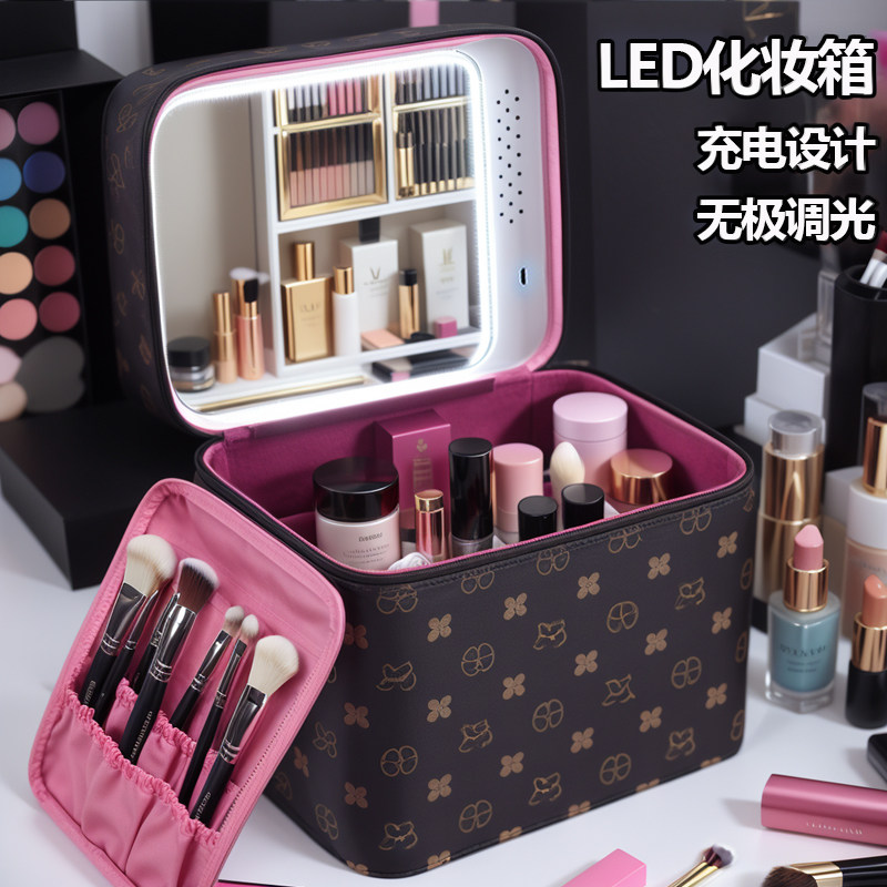 LED美妆镜化妆包大容量2024新款ins超火多功能品收纳盒女式手提牌