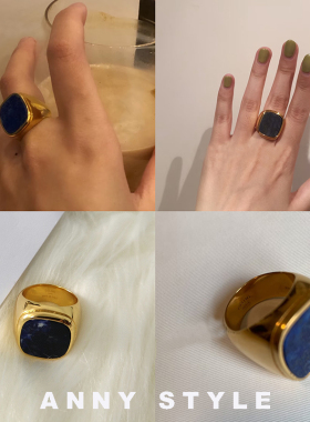 anna欧美个性天然蓝青石金色戒指