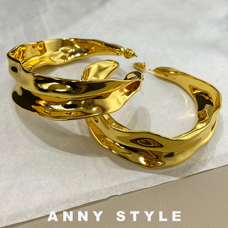 anna欧美金色叶片几何圆圈耳环