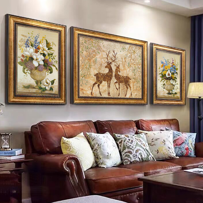 客厅装饰画美式沙发背景墙画欧式三联挂画大气轻奢壁画油画高档画