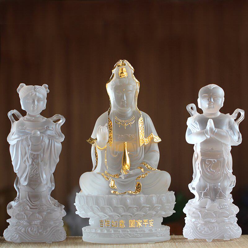 古法琉璃善财童子童女净瓶观音摆件居家室内佛堂寺庙供奉佛像摆件