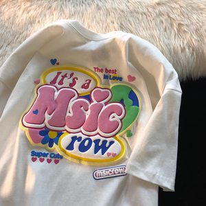 棉棉印象美式印花复古短袖t恤女宽松大码