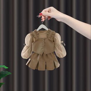 皮衣两件套春秋款 女童秋季 洋气女孩宝宝秋装 2026新款 儿童短裙 套装