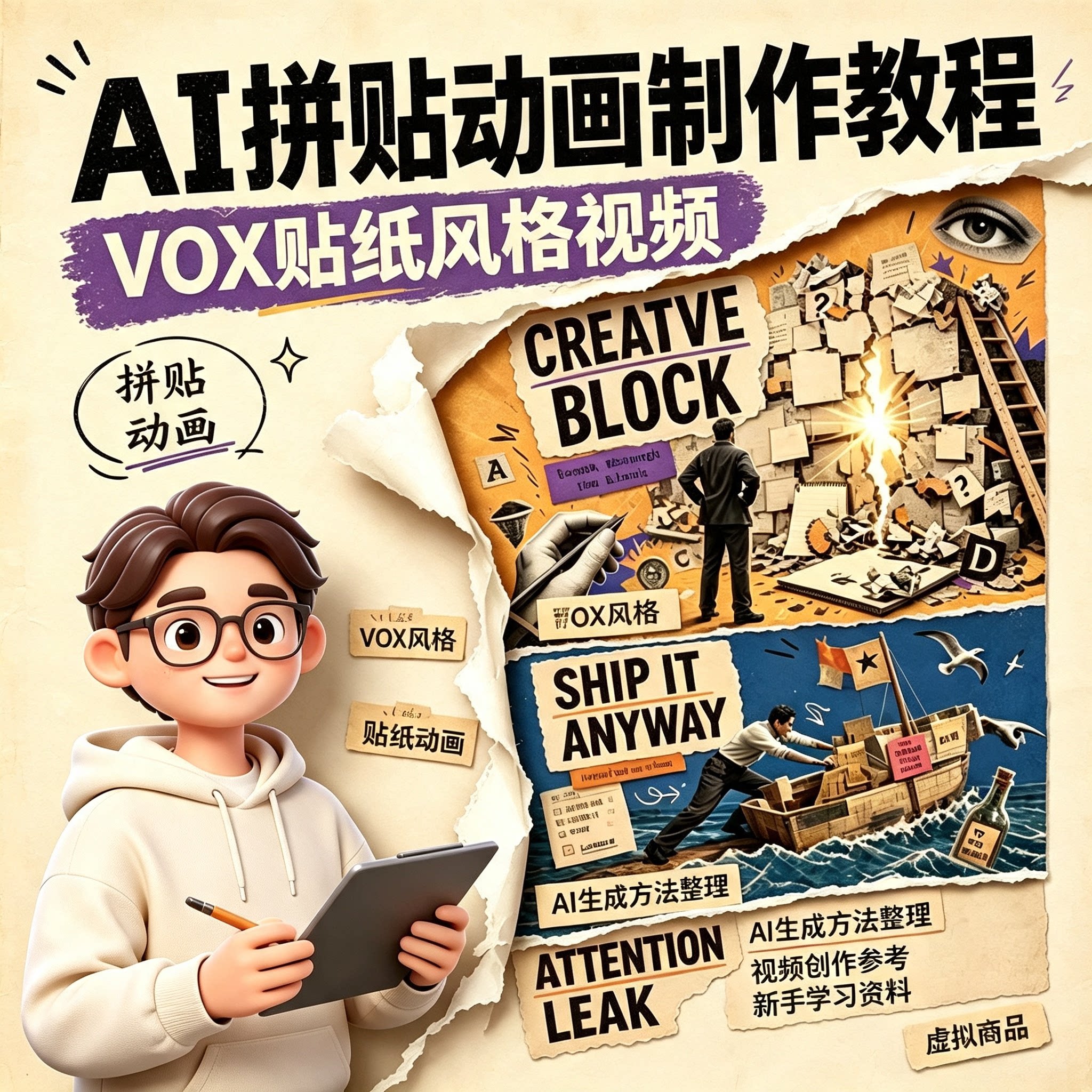 AI拼贴VOX贴纸风格动画视频制作教程提示词实操新手学习资料合集图片