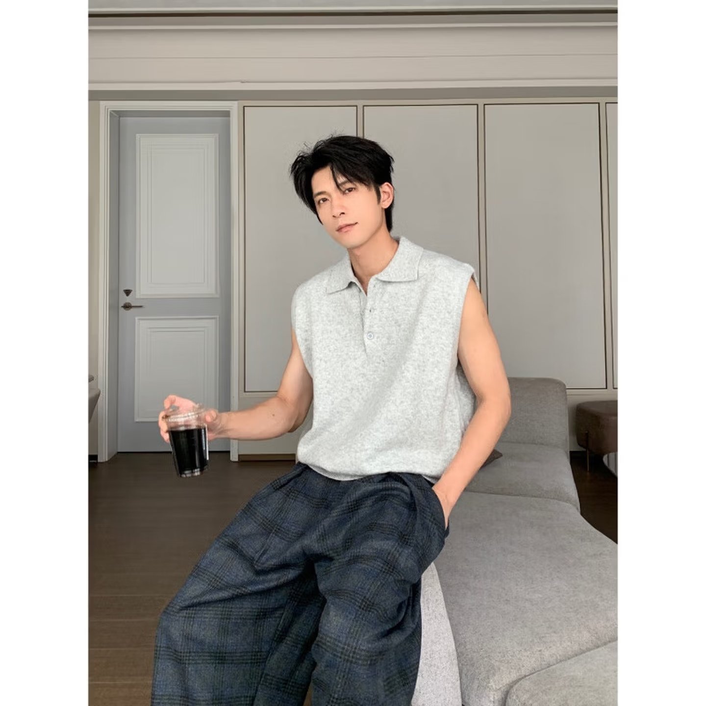 POLO领无袖坎肩松弛针织衫马甲男韩版商务休闲叠穿百搭毛衣背心