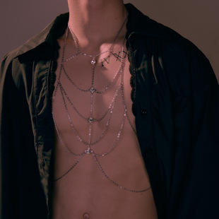 胸链男士身体链大码性感高级男模镶钻可调节项链一体身体装饰链条