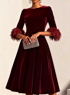 Ladies' temperament velvet dress, fashionable feather half