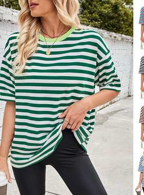 Women's summer loose casual color blocked shirt girls top