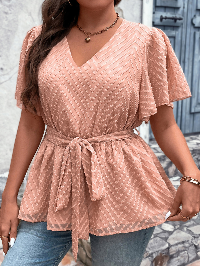 V-neck top with half short sleeves fat women shirts blouse