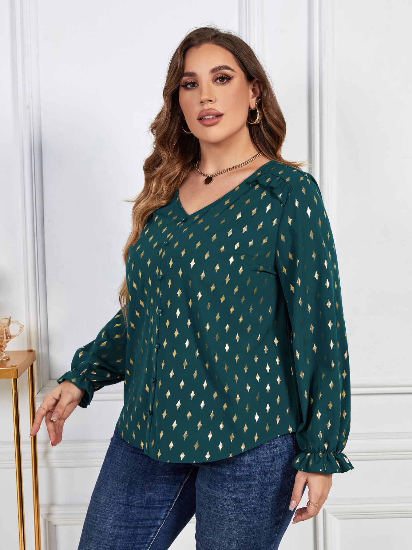 plus size women fashion v-neck print long sleeve shirt top 女装/女士精品 大码内搭 原图主图