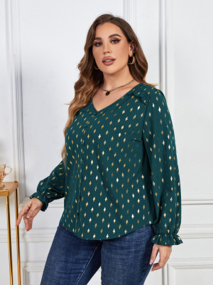 plus size women fashion v-neck print long sleeve shirt top