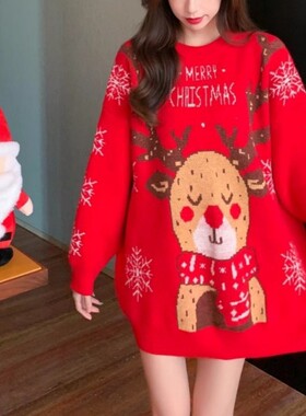 Winter Christmas Red Cartoon Sweater Women's Loose Knit top