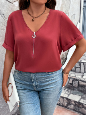 Women Solid Color Zipper V-Neck Top Plus Size Chiffon Shirts