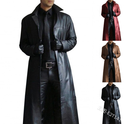 New men's clothing style slim fit long leather jacket coat衣