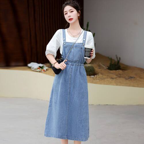 Retro denim skirt womens version loose casual shoulder dress