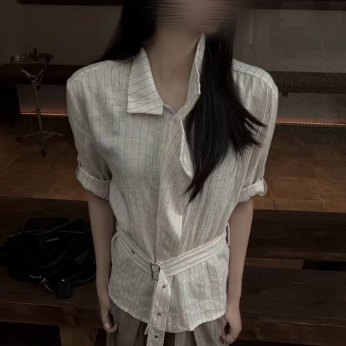 Sloane「静奢」莱赛尔亚麻哈灵顿调节袖胸前裁片条纹短袖衬衫老钱
